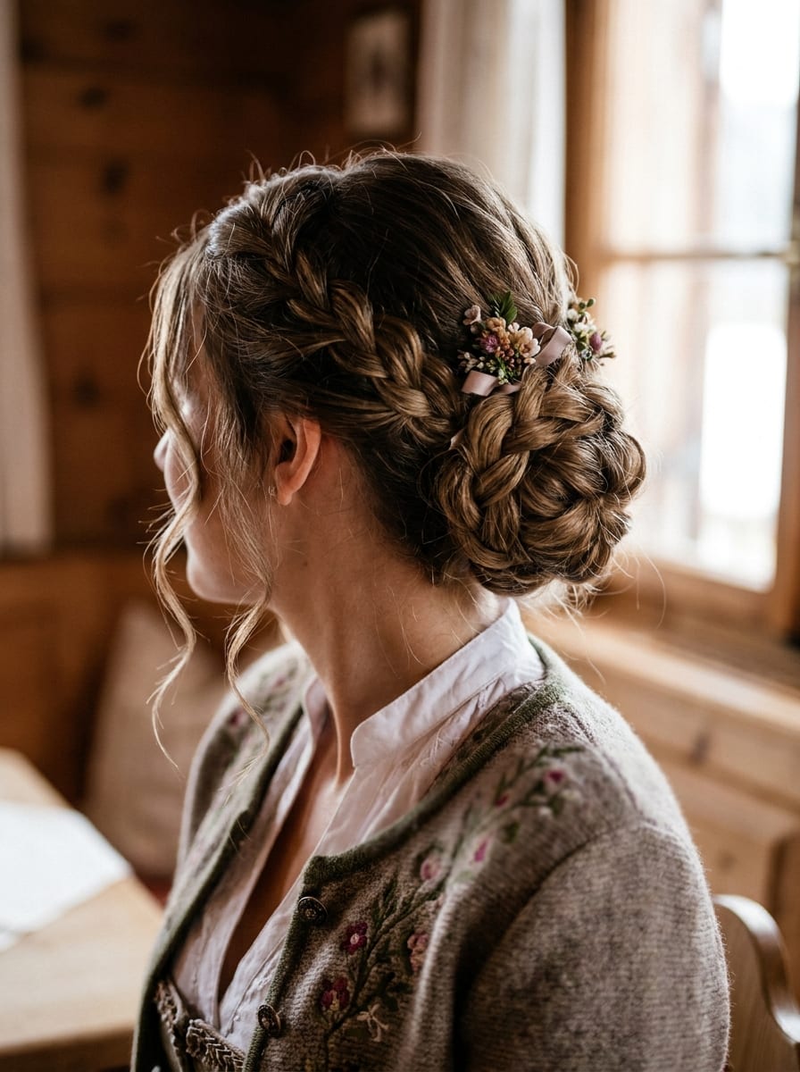 Geflochtener Low Bun - Dirndlfrisur